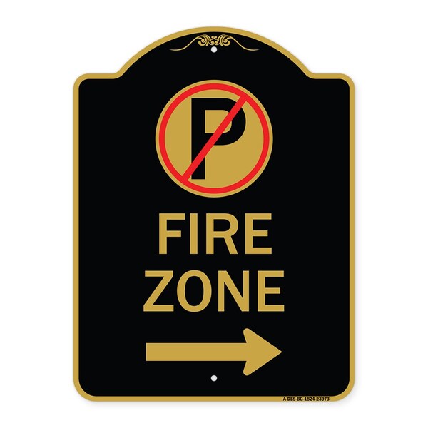 Signmission Fire Zone No Parking and Right Arrow, Black & Gold Aluminum Sign, 18" x 24", BG-1824-23973 A-DES-BG-1824-23973 - main